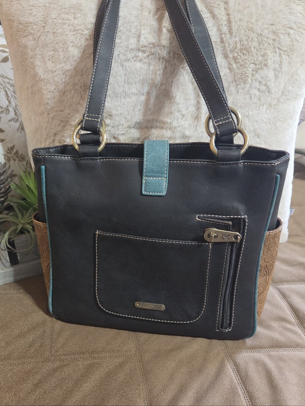Montana West Conceal Carry Teal Tooled Floral Tote Bag with Buckle Strap - Picture 3 of 15